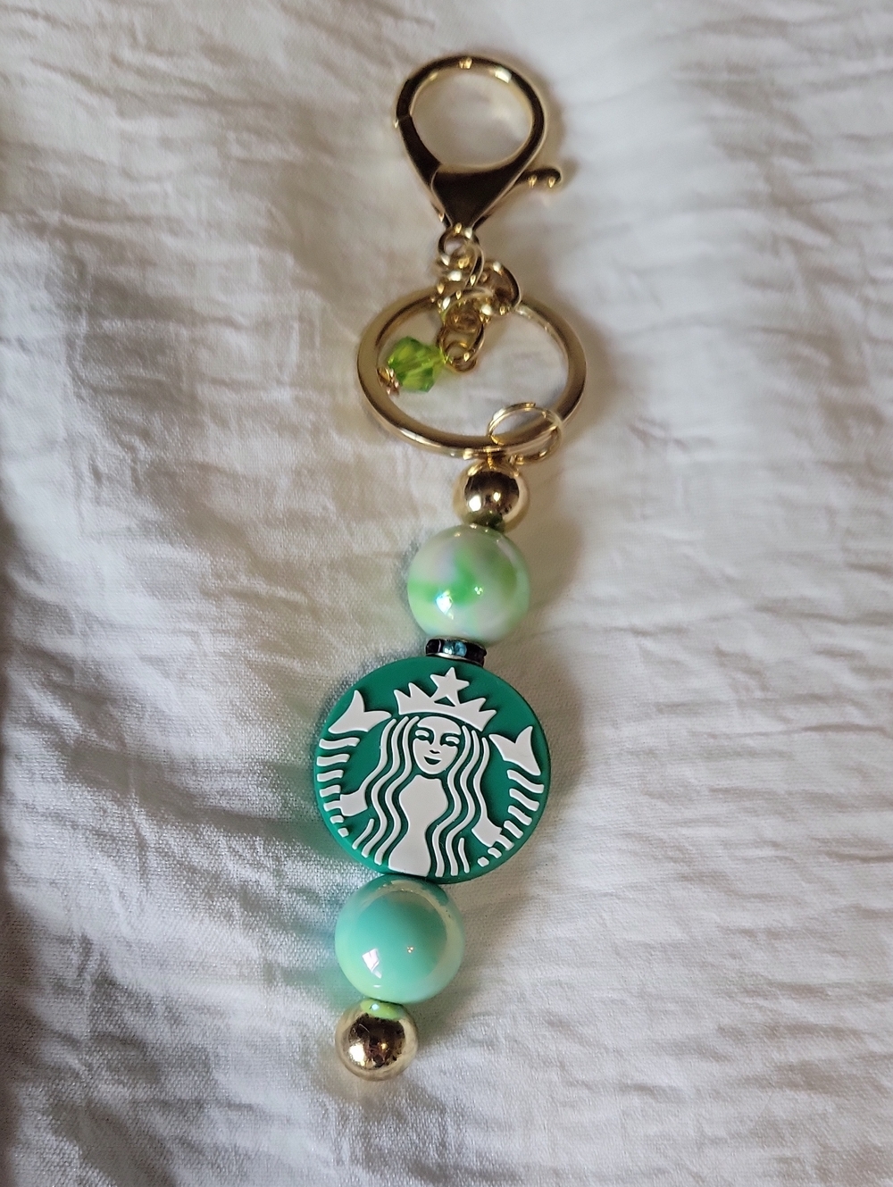 Starbucks Green Logo Beaded Keychain with Gold Hardware